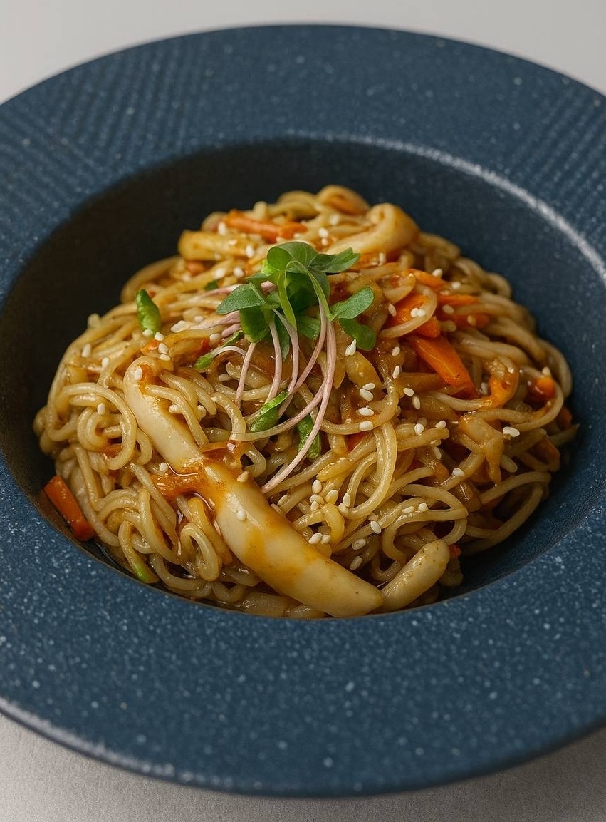 Жареная лапша с кальмаром и овощами