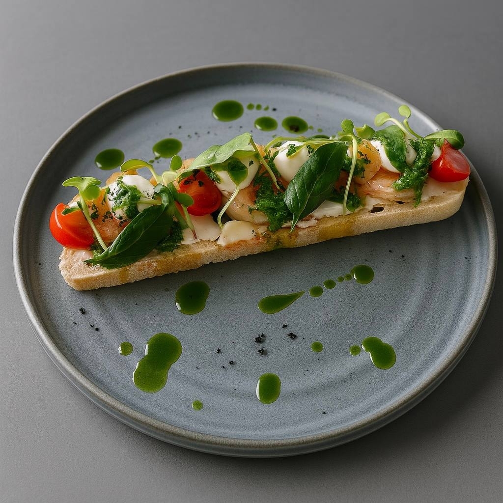 Брускетта с креветками и моцареллой