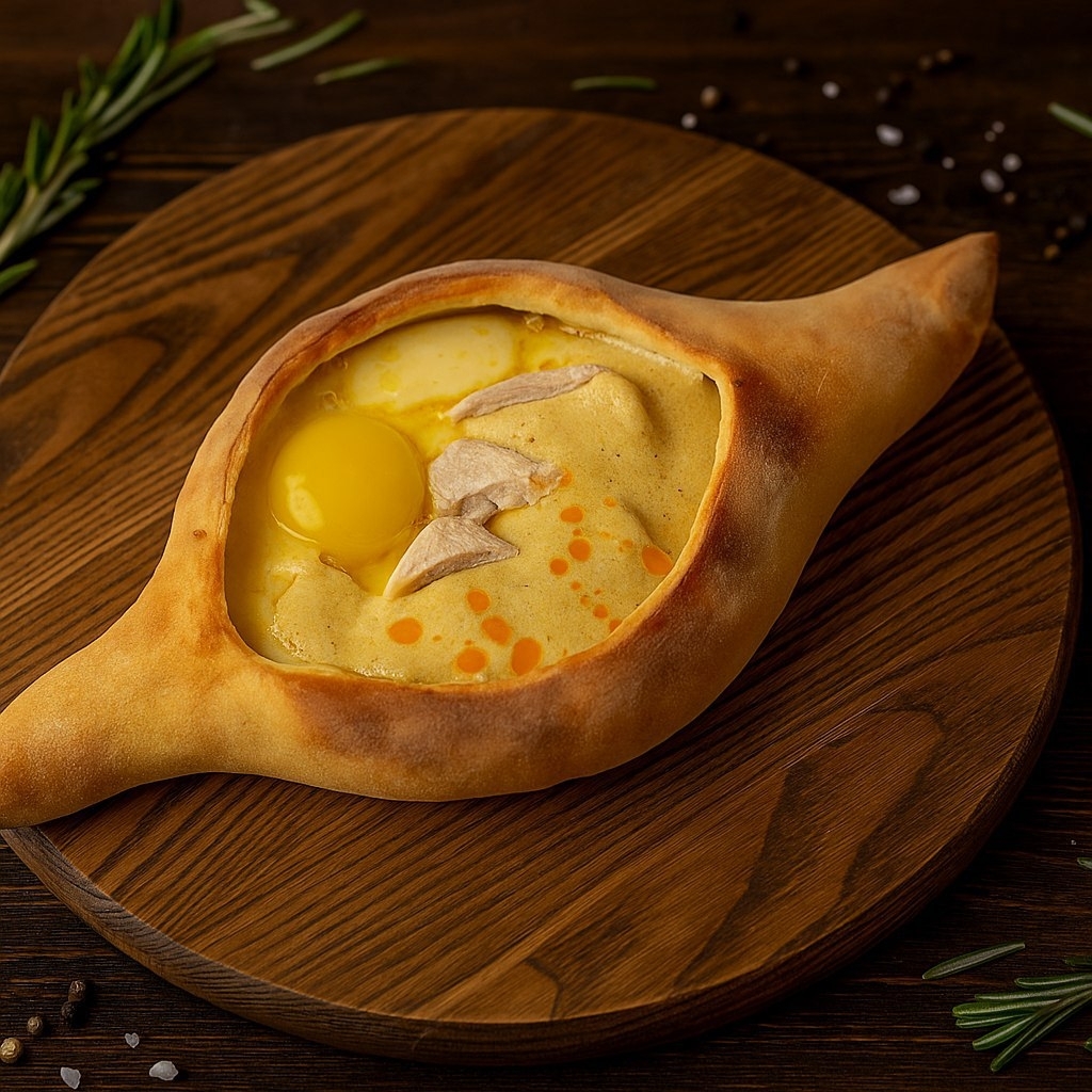 Хачапури по-аджарски с курицей с соусом баже 