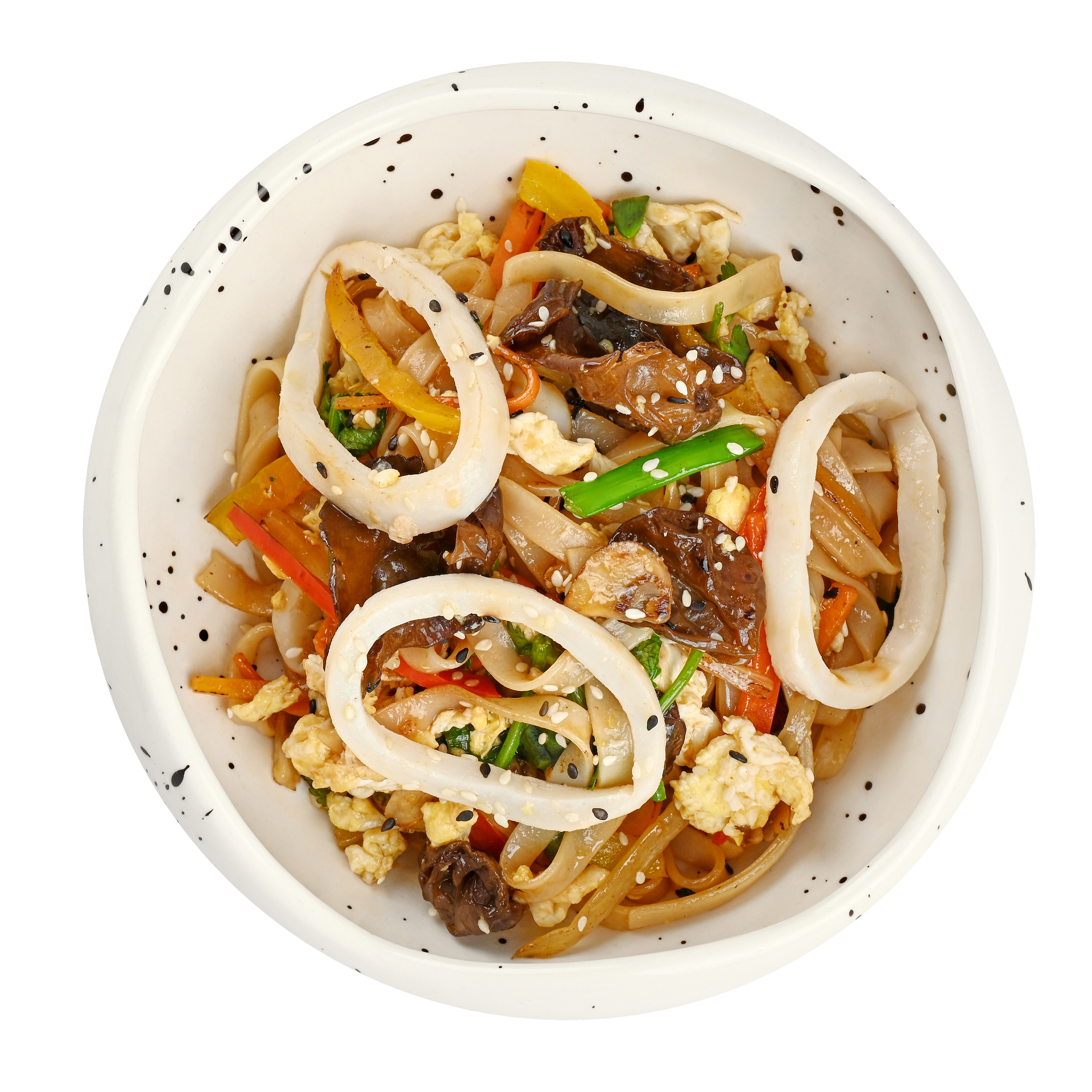 Рисовая лапша с кальмарами и перечным соусом