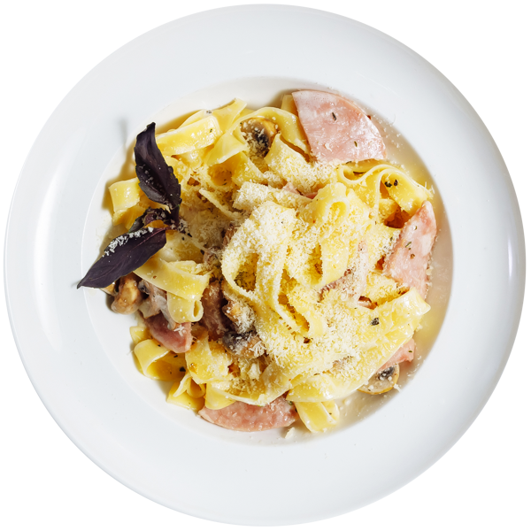 Паста с ветчиной и грибами